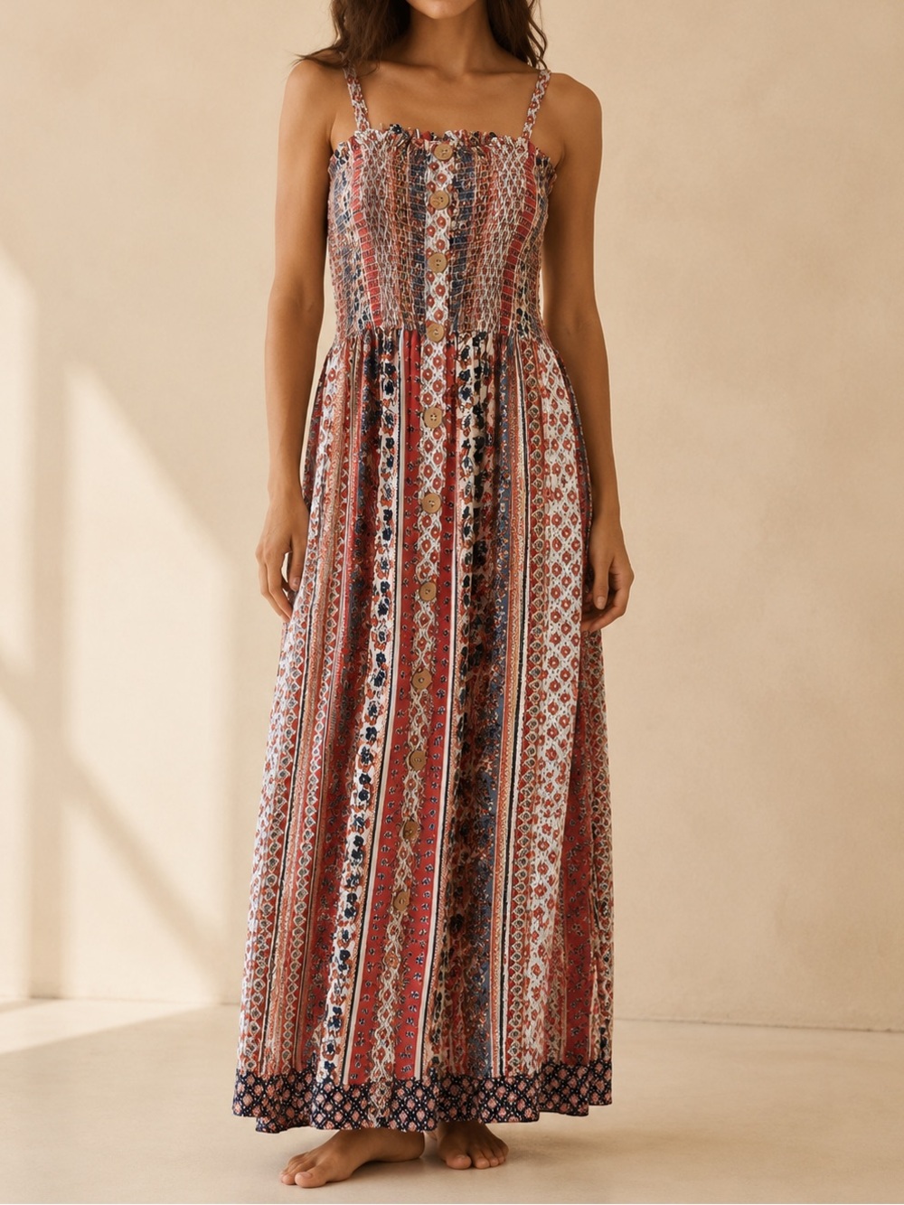 Vintage ANGIE Boho Patchwork Smocked Maxi Dress Size Large